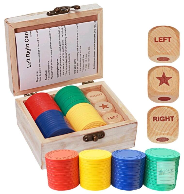 New Dice & Chips Game : Left Right Center Dice Game Set, 3 1-Inch Wood Dice And 48 Thicker Chips In Wooden Storage Box