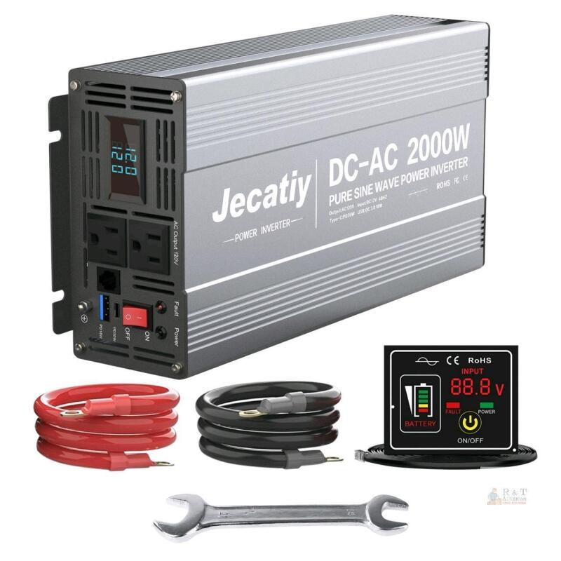 NEW Jecatiy DC-AC 2000W Pure Sine Wave Inverter, 12V DC to 120V AC, LCD, Dual Outlets, Remote