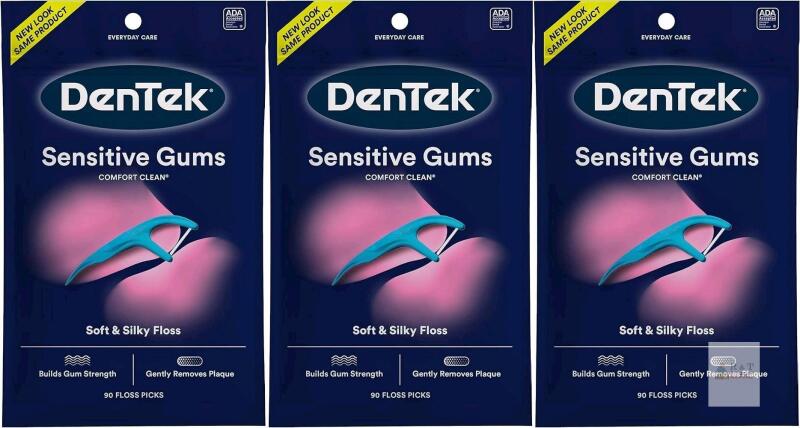 3 New Packs Dentek Comfort Clean Floss Picks | Silky Ribbon Floss to Remove Food & Plaque | 90 Picks Each
