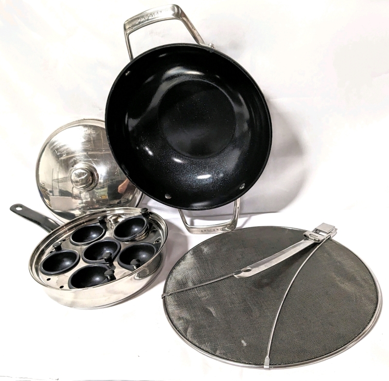 Epicure 12" Nonstick Wok, 10" Egg Poacher / Coddler Pan w Lid & Grease Guard with Handle.