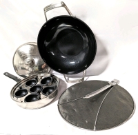 Epicure 12" Nonstick Wok, 10" Egg Poacher / Coddler Pan w Lid & Grease Guard with Handle.
