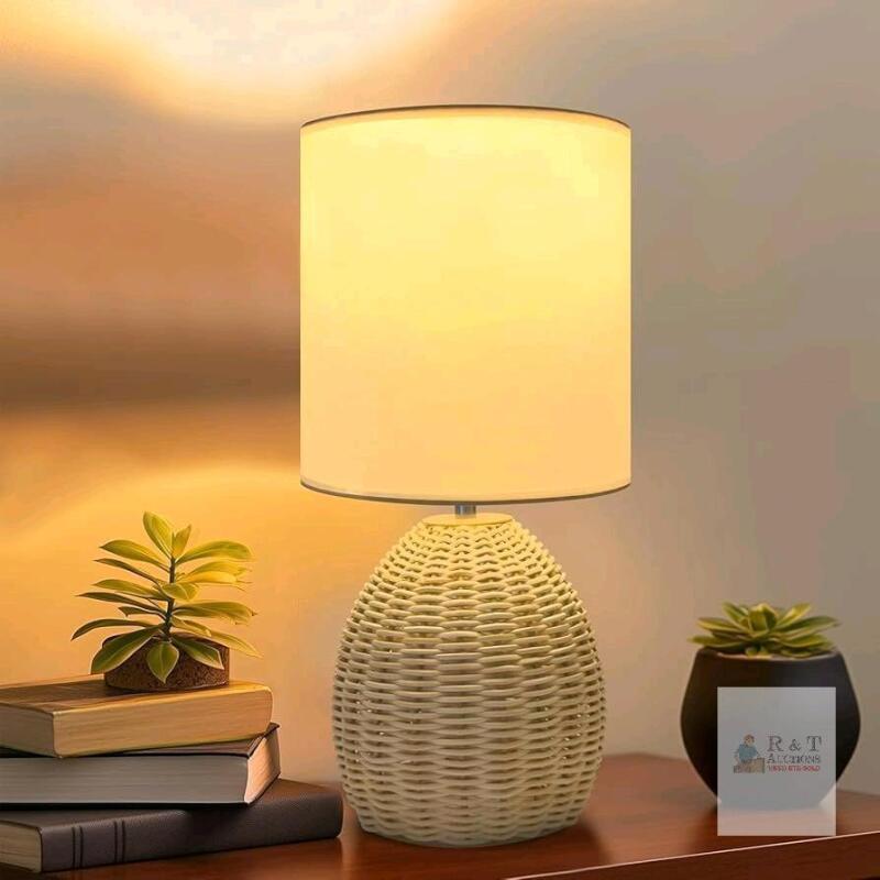 New Boho Rattan Table Lamp - 3 Color Temperature, Handwoven Nightstand Lamp for Bedroom & Living Room
