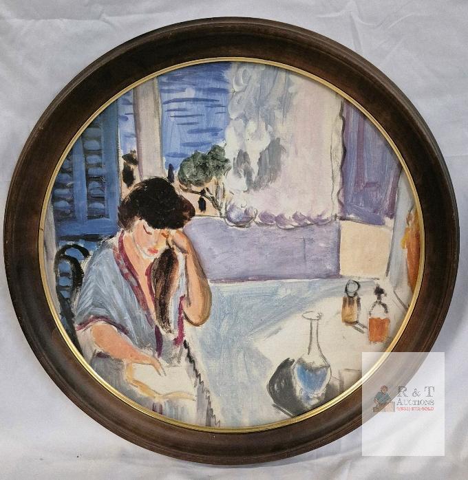 21-Inch Round Painting in Wood Frame, Impressionist Interior Scene, Hanging Wire Attached