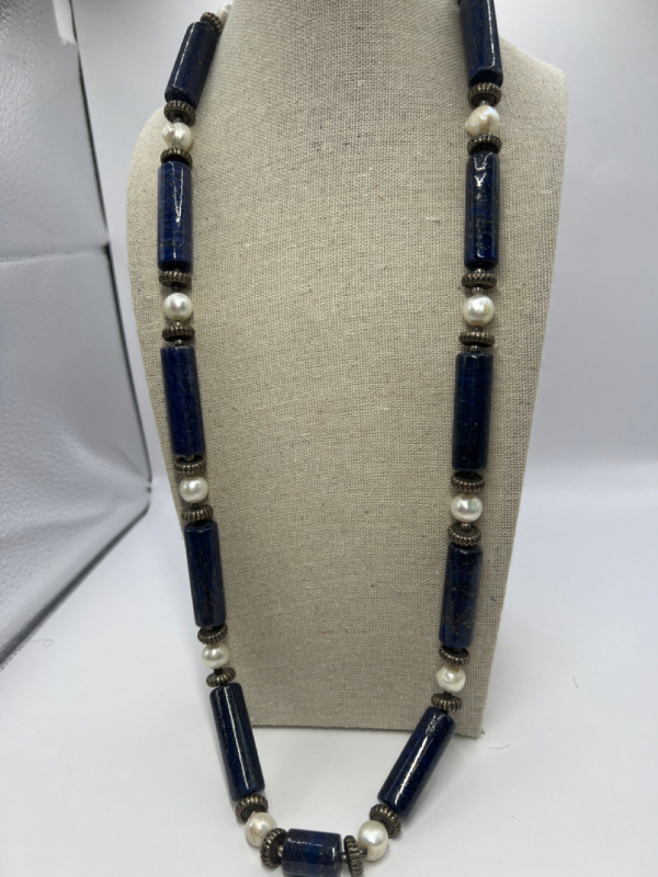 Statement Fresh Water Pearl Lapis Lazuli Barrel Necklace