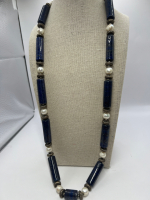 Statement Fresh Water Pearl Lapis Lazuli Barrel Necklace