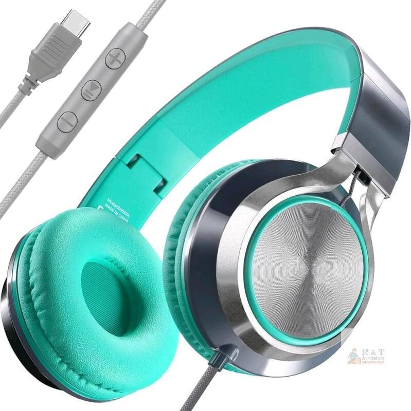 New Grey Mint Ailihen C8 USB C Headphones Wired with Mic & Volume Control, Tangle-Free Plaiting Line, Foldable