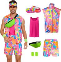 New Size SM Men's 6pc Bright Neon 80s Workout Costume Set for Halloween, Cosplay, Pranking +