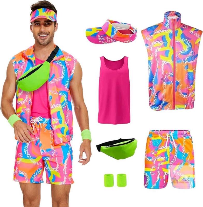 New Size SM Men's 6pc Bright Neon 80s Workout Costume Set for Halloween, Cosplay, Pranking +