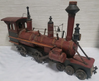 Vintage Oak Wood Train Steam Engine w/Cast Wheels & Train Conductor