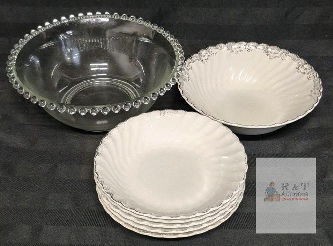 Johnson Bros Snowhite Regency Ironstone Bowls , 10" Glass Beaded Serving Bowl Set, Vintage