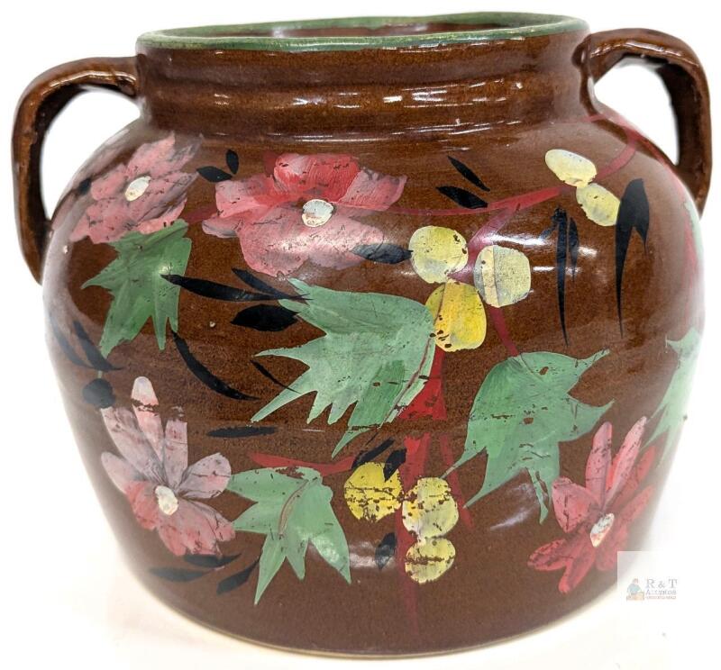 Hand-Painted Floral Stoneware Crock Jar, 7" Brown, Dual Handles, Green Rim. No observed chips or cracks, some pitting & flaking to cold-painted details, no lid