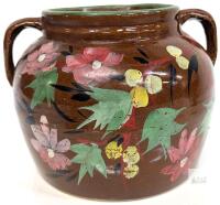 Hand-Painted Floral Stoneware Crock Jar, 7" Brown, Dual Handles, Green Rim. No observed chips or cracks, some pitting & flaking to cold-painted details, no lid