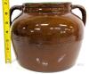 Hand-Painted Floral Stoneware Crock Jar, 7" Brown, Dual Handles, Green Rim. No observed chips or cracks, some pitting & flaking to cold-painted details, no lid - 3