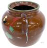Hand-Painted Floral Stoneware Crock Jar, 7" Brown, Dual Handles, Green Rim. No observed chips or cracks, some pitting & flaking to cold-painted details, no lid - 4