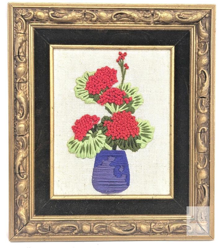 Framed Hand Embroidery Art &ndash; Red Flowers in Blue Vase, 15" &times; 13.25" Ornate Gold/Black Wood Frame