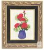 Framed Hand Embroidery Art &ndash; Red Flowers in Blue Vase, 15" &times; 13.25" Ornate Gold/Black Wood Frame