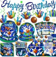 Bowling Party Decorations Set for 25, Plates, Cups, Banner, Table Covers, Invitations,