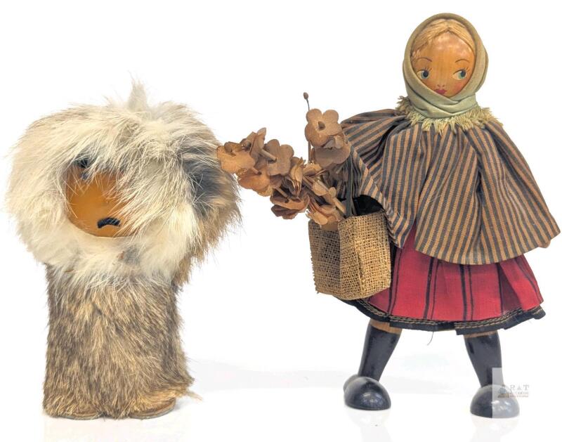 2 Vintage Dolls : Eskimo Doll Rabbit Fur Illfelder Imports Made In Poland & Polish Folk Art Wood Peg Doll With Flower Basket