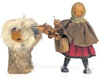 2 Vintage Dolls : Eskimo Doll Rabbit Fur Illfelder Imports Made In Poland & Polish Folk Art Wood Peg Doll With Flower Basket
