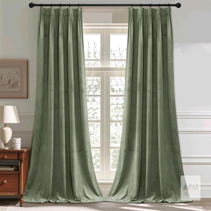 New StangH Sage Green Pinch Pleated Velve Curtains, Luxury Thermal Insulated Nursery Bedroom Window Drapes Back Tab Privacy Light Reducing Curtains for Home Office Closet, W38 x L84, 2 Panels