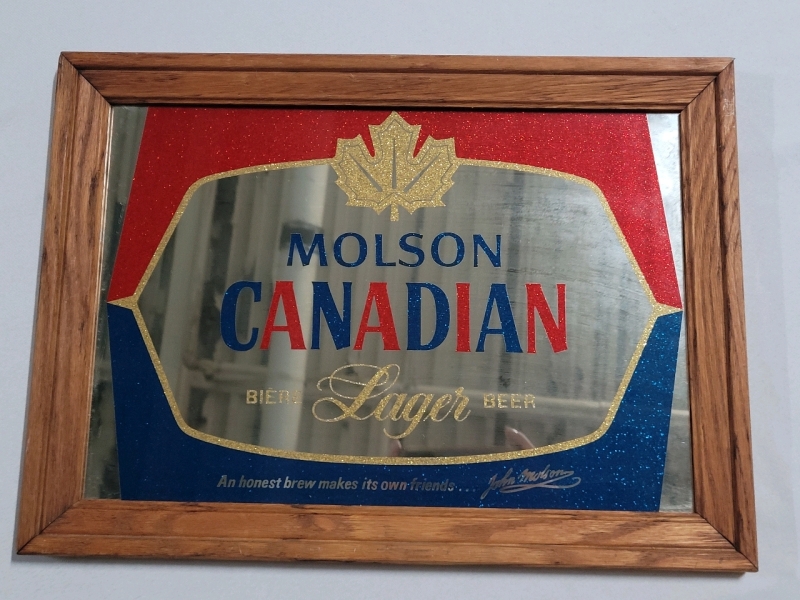 Molson Canadian Beer Wood Frame Mirror Bar Sign , 18"&times;13"