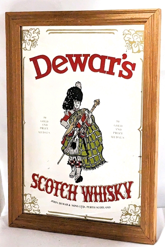 Bar Sign: Framed Mirrored Dewar's Scotch Whiskey.