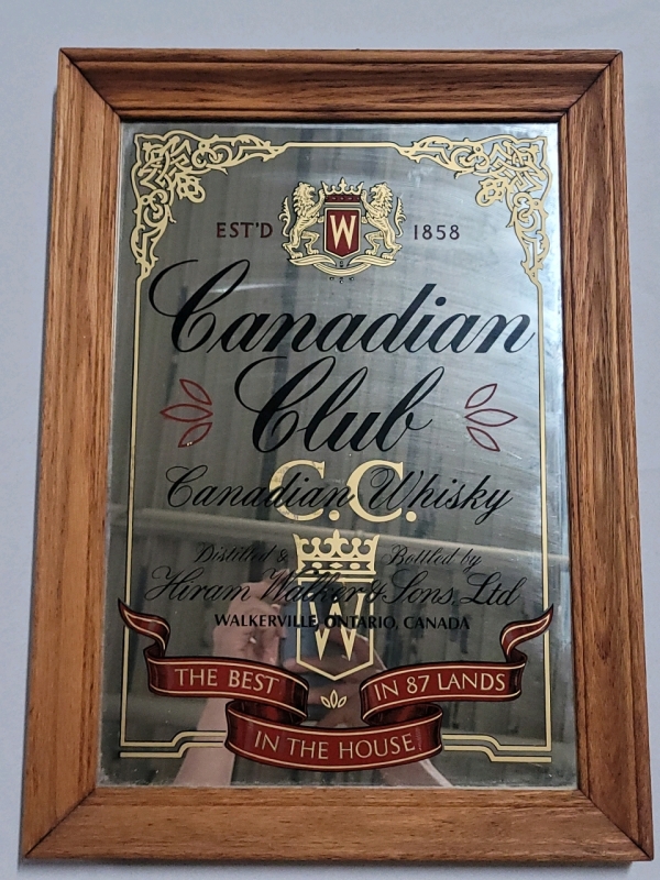 C.C. Canadian Club Canadian Whisky Wood Frame Mirror Bar Sign