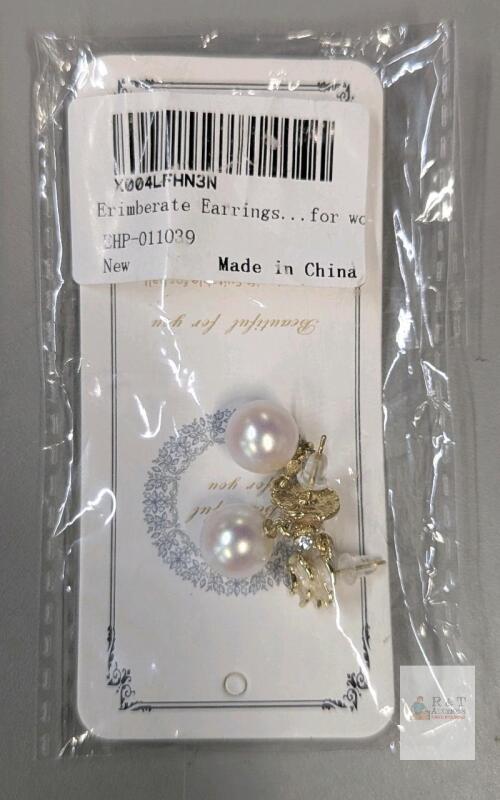 Erimberate EHP-011039 Stud Earrings, Faux Pearl & Gold-Tone, Rhinestone Accent, New in Box