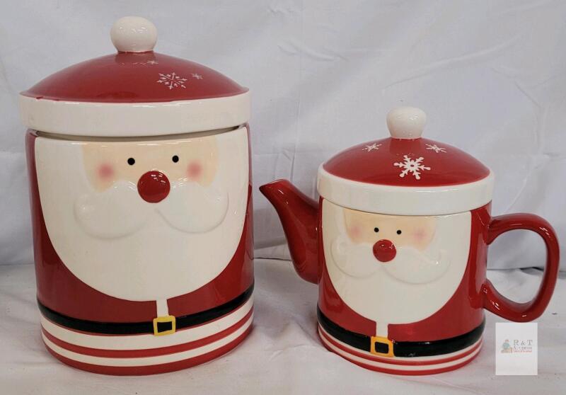 Santa Claus Ceramic Cookie Jar & Teapot Set, 8.5" Jar, 6" Teapot, Holiday Christmas Decor Minor chips on cookie jar lid