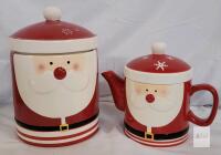 Santa Claus Ceramic Cookie Jar & Teapot Set, 8.5" Jar, 6" Teapot, Holiday Christmas Decor Minor chips on cookie jar lid