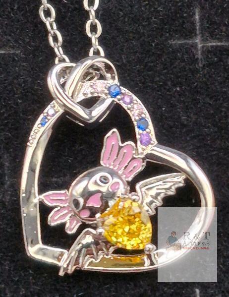 NEW Silver-Tone Heart Pendant Necklace with Axolotl, Yellow Gem, and Gift Box, 18-20in Chain
