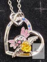 NEW Silver-Tone Heart Pendant Necklace with Axolotl, Yellow Gem, and Gift Box, 18-20in Chain