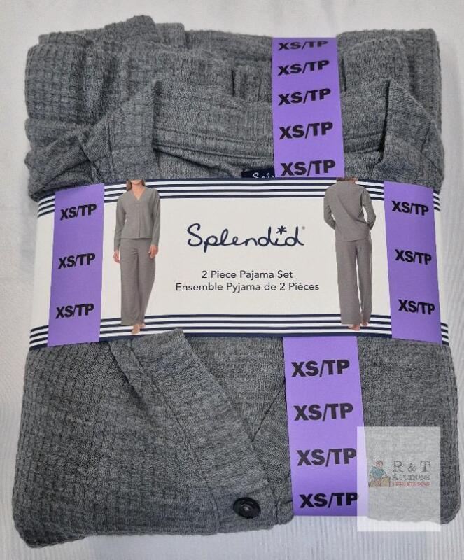NEW Splendid Grey Women's 2 Piece Pajama Set XS, Waffle Knit, Button-Down Top, 100% Polyester