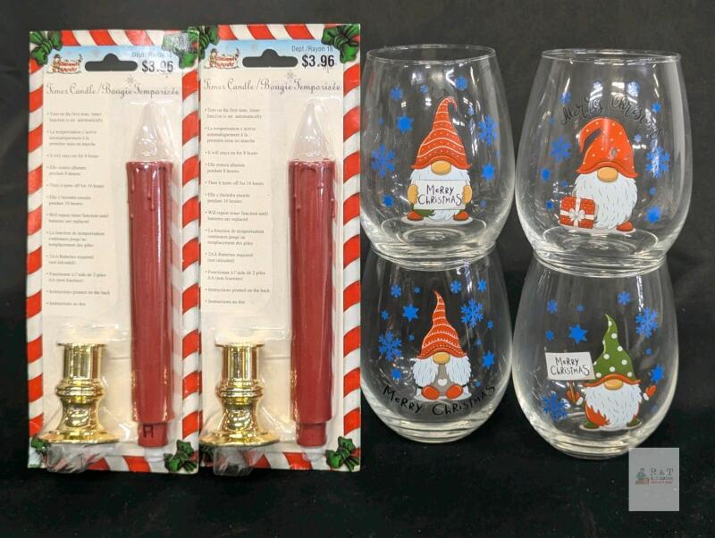 Set of 4 Glass Holiday Gnome Cups & 2 New Artificial Timer Taper Candles