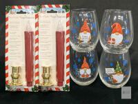 Set of 4 Glass Holiday Gnome Cups & 2 New Artificial Timer Taper Candles