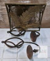Rustic Wrought Iron Candle Wall Sconces Pair & Leaf Motif Wall Shelf Set, 16"x10.5" Shelf