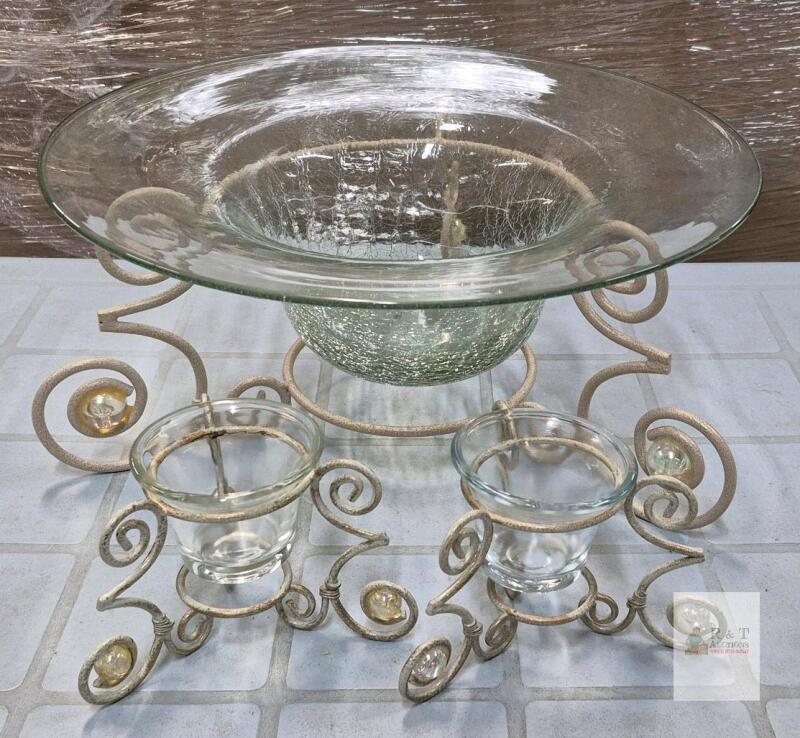 Decorative Glass Bowl Centerpiece Set with Wrought Iron Stands and Votive Holders
