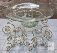 Decorative Glass Bowl Centerpiece Set with Wrought Iron Stands and Votive Holders