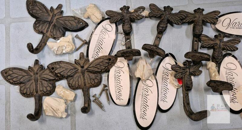 Cast Iron Butterfly & Dragonfly Wall Hooks, Set of 10, Rustic Brown Finish