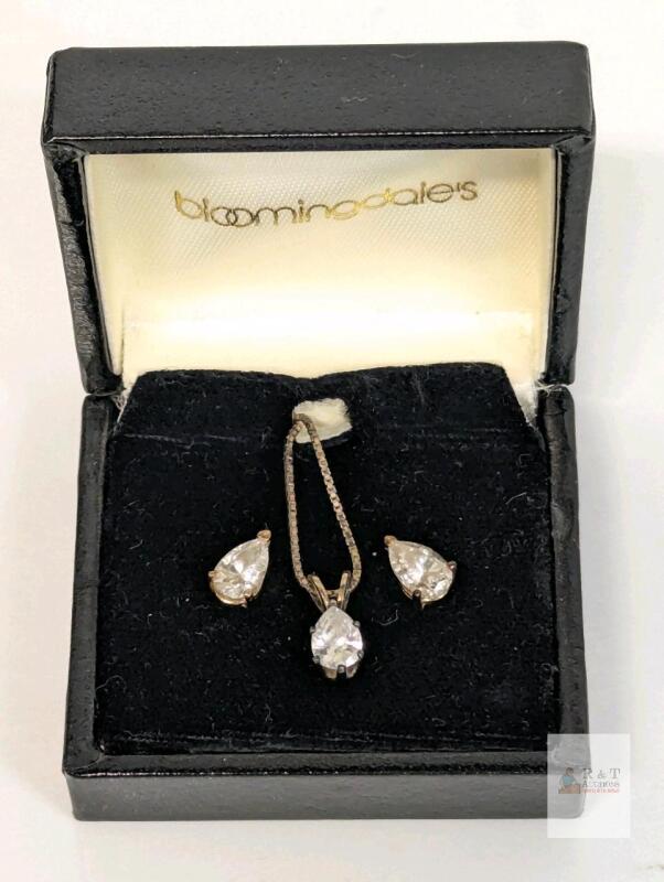 Dainty 3pc Teardrop CZ Necklace & Earrings Set, 18" Sterling Silver Box Chain Stamped 925 Italy, Earrings Posts & Backs Stamped 14K Gold in Bloomingdales' Box