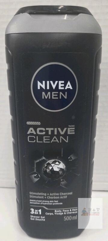 NIVEA MEN Active Clean 3-in-1 Shower Gel, 500ml, Charcoal, Body Face Hair, 99% Biodegradable