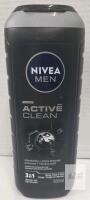 NIVEA MEN Active Clean 3-in-1 Shower Gel, 500ml, Charcoal, Body Face Hair, 99% Biodegradable