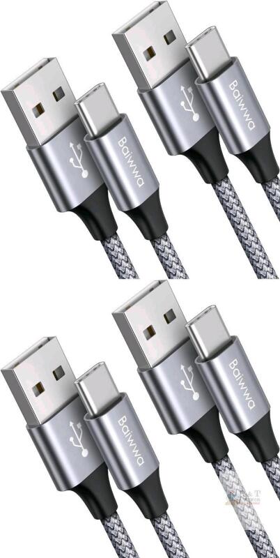 4 New Baiwwa USB-A to USB-C 3ft Long Fast Charging Cables, Nylon Braided [2 Packs of 2]