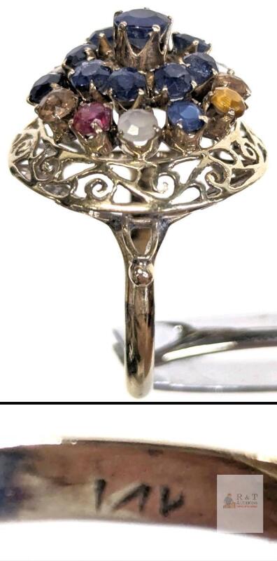 Stunning Stamped 14K - Gold and Gemstone Thai Princess Ring, Filigree, Open Gallery, Size 8.5