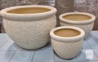 Set of 3 Decorative Ceramic Planter Pots, Embossed Leaf Pattern, 14"/11"/8" Diameters, Cream
