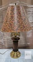 working Brass & Wood Table Lamp with Eagle Accent, Floral Shade, 27" Tall, Colonial Americana Style