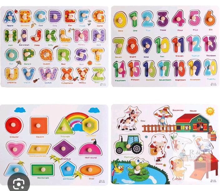 New - UMTOY 4PCS Wooden Puzzles for Toddlers Peg Puzzle Set, Children's Learning Puzzles w/Alphabet , Animal & Numbers Shape . Boards measure 9"&times;12"