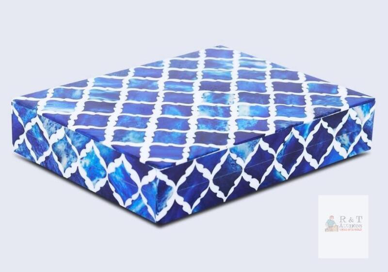 Handicrafts Home Blue 8x6x1.5" Handmade Decorative Box, Bone/Resin Inlay, Model BX-6X8X1.5-MUMTAZ-BLUE