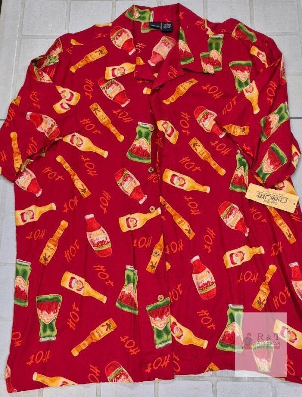 Cherokee Large Red Hot Sauce Print Short Sleeve 100% Rayon Button-Up Men's Shirt
