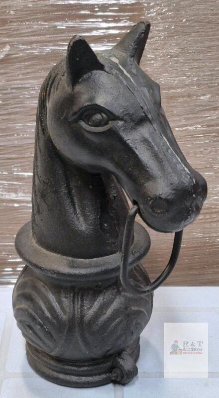 Cast Iron Horse Head Hitching Post Cap 19" Tall, Ornate Base, Classic Black, Vintage Style